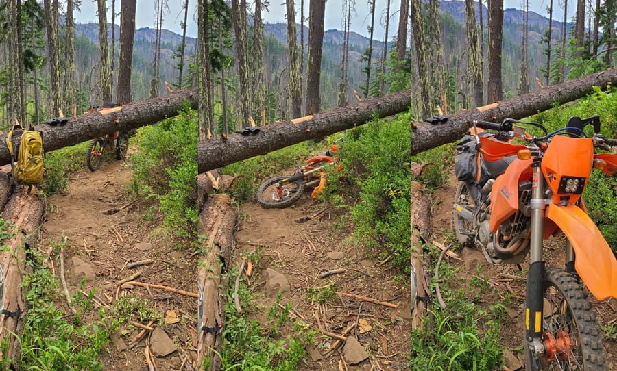 collage of three photos with a motorcycle behind, under and in front of a log