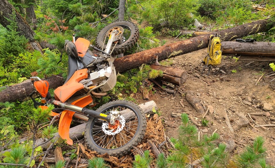 motorcycle laying sideways over a log