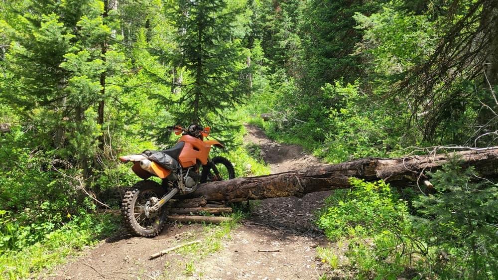 motorcycle stuck half-way across a log