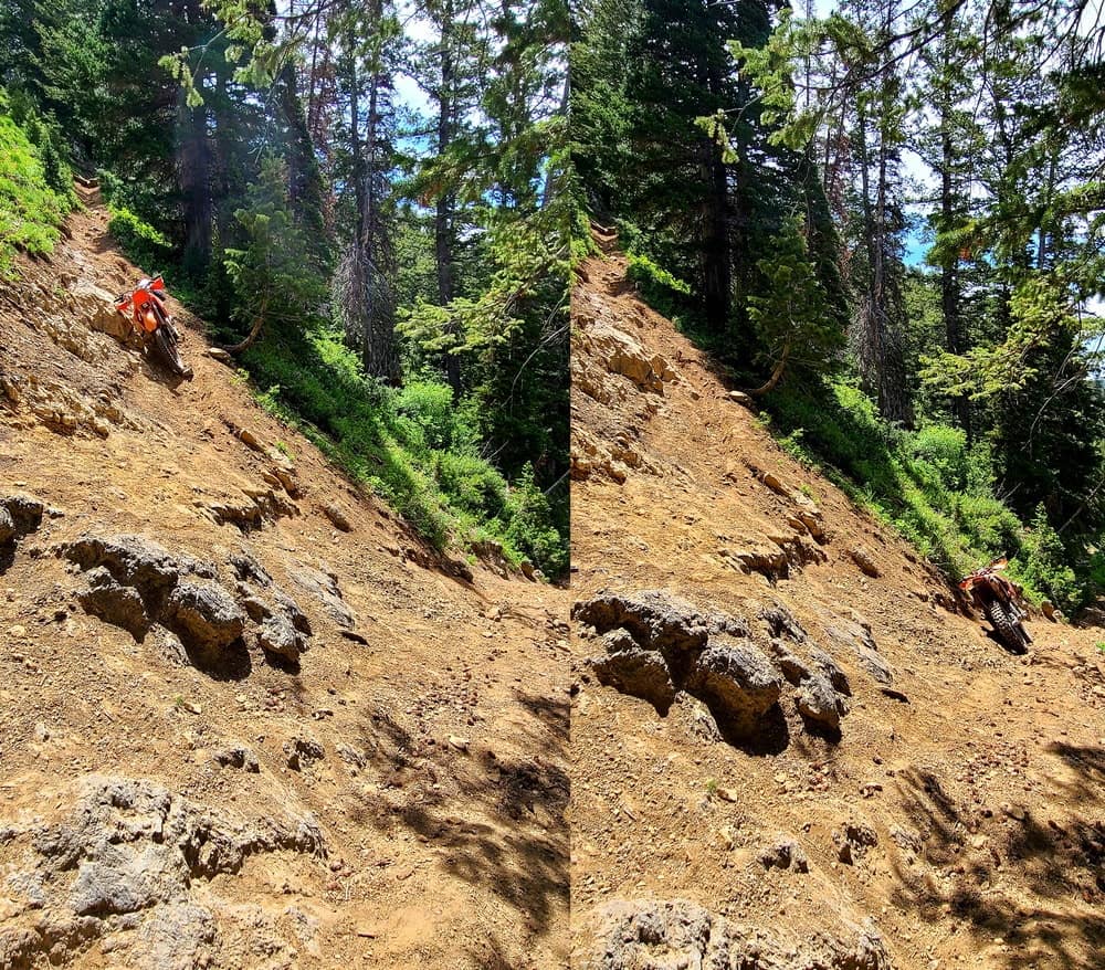 collage of two photos with motorcycle before and after a steep swtichback