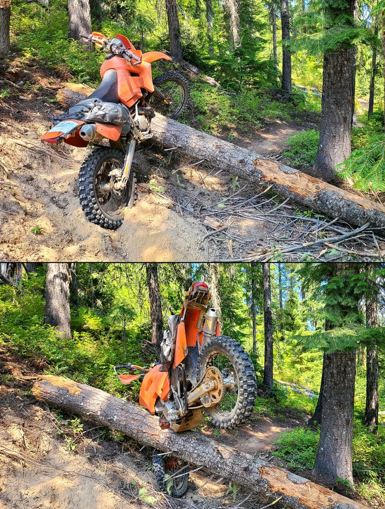 two photos of a motorcycle atop a log