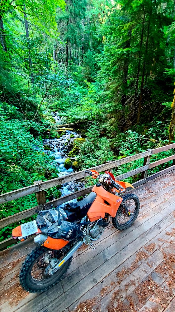 motorcycle parked on a bridge crossing a creek in a forest