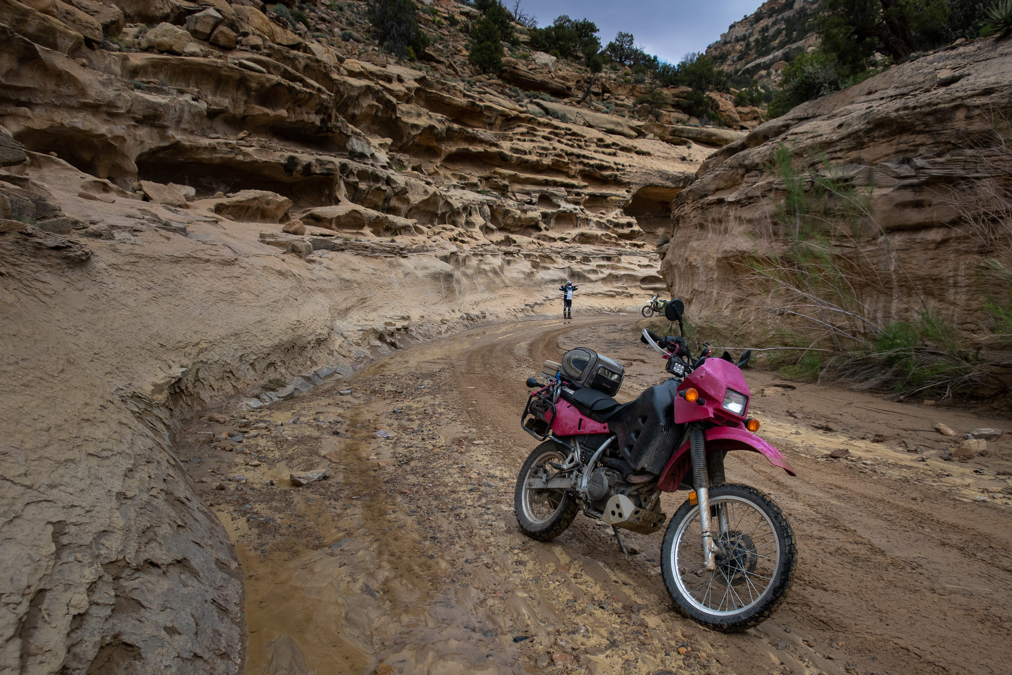 motorcycle parked inside a canyon 