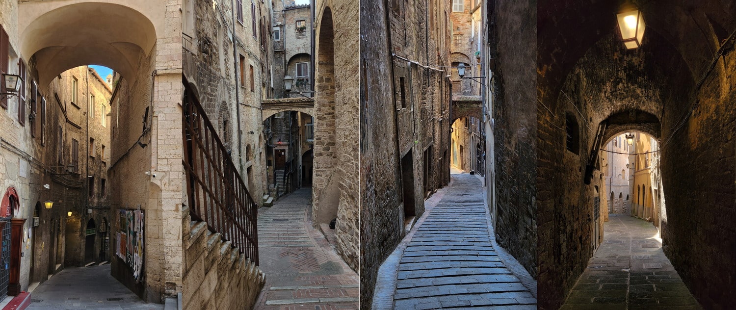 four photos of narrow and dark alleys