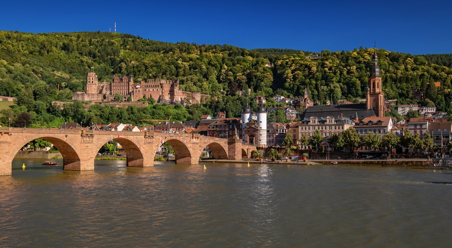 view of a bridge, old town and a castel above