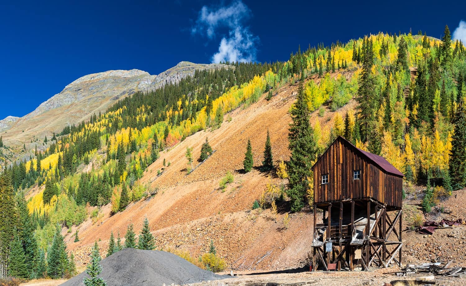 motorcycle next to an old wooden cabin and bright yellow aspen