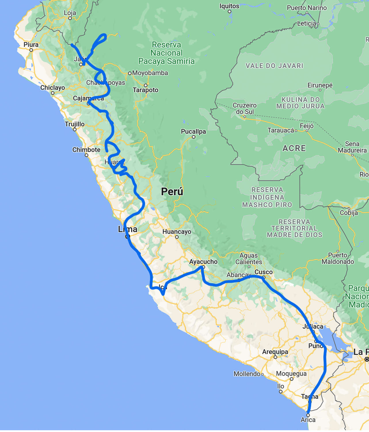 map of peru with a route on it 