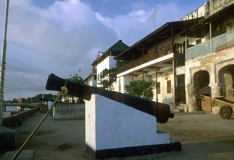 old cannon in front of a row of colonial buildings