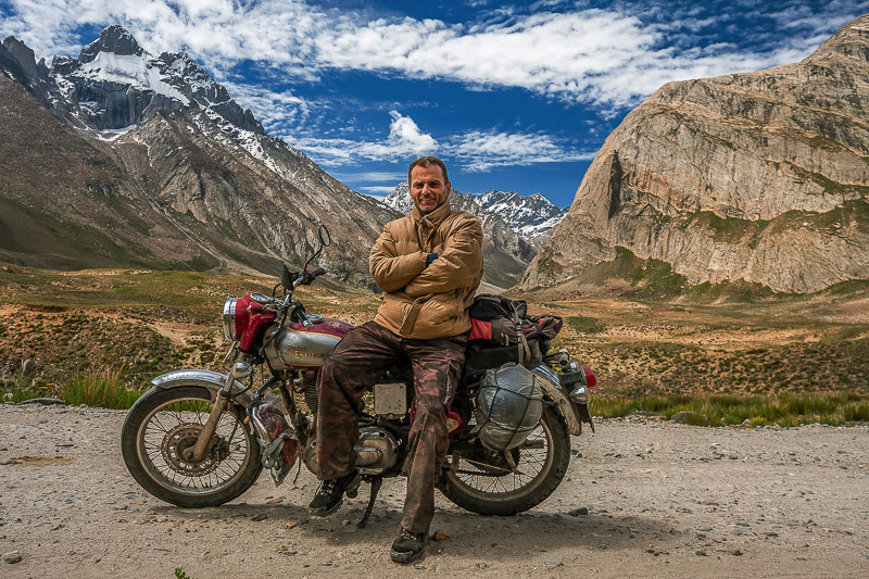 Zanskar valley surrounded by high, snow-covered, peaks