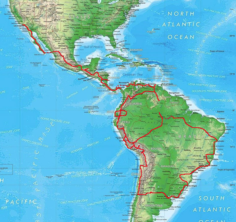 map of a route from Los Angeles to Chile and Argentina
