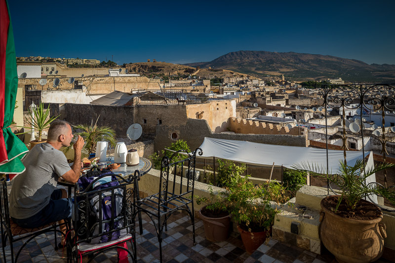 eating breakfast atop a gueshouse with rooftop view of Fes