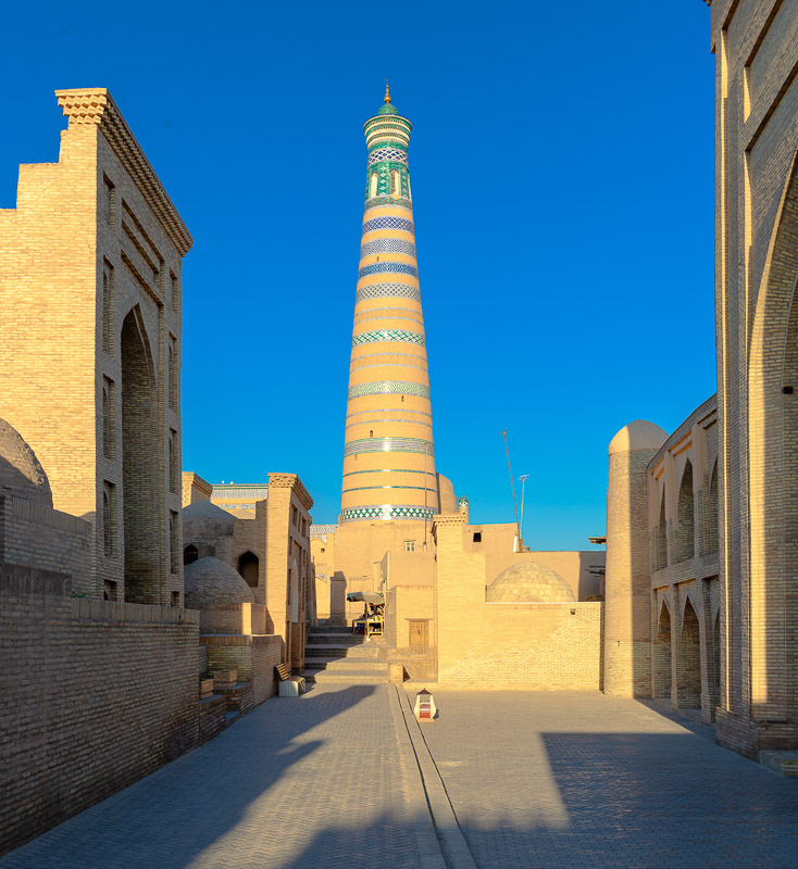 minaret at the end of a pedestsrian street