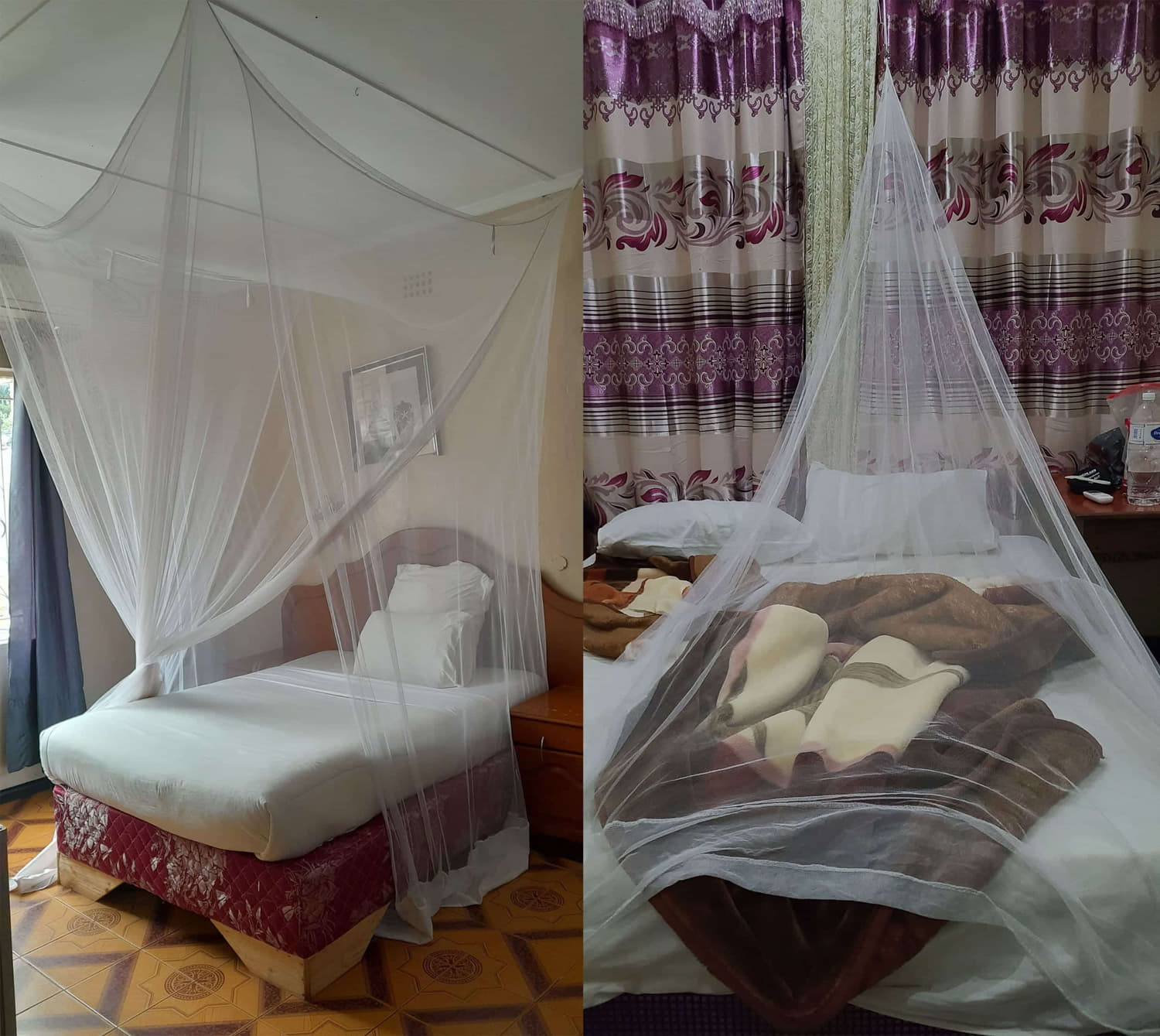 two photos of a bed with mosquito net over it