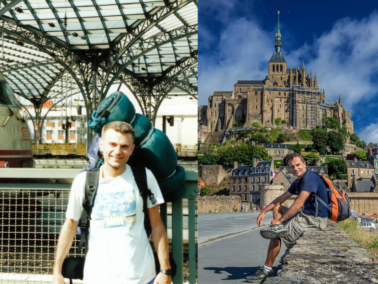 two photos of a person, one with huge backpack and one with a day pack