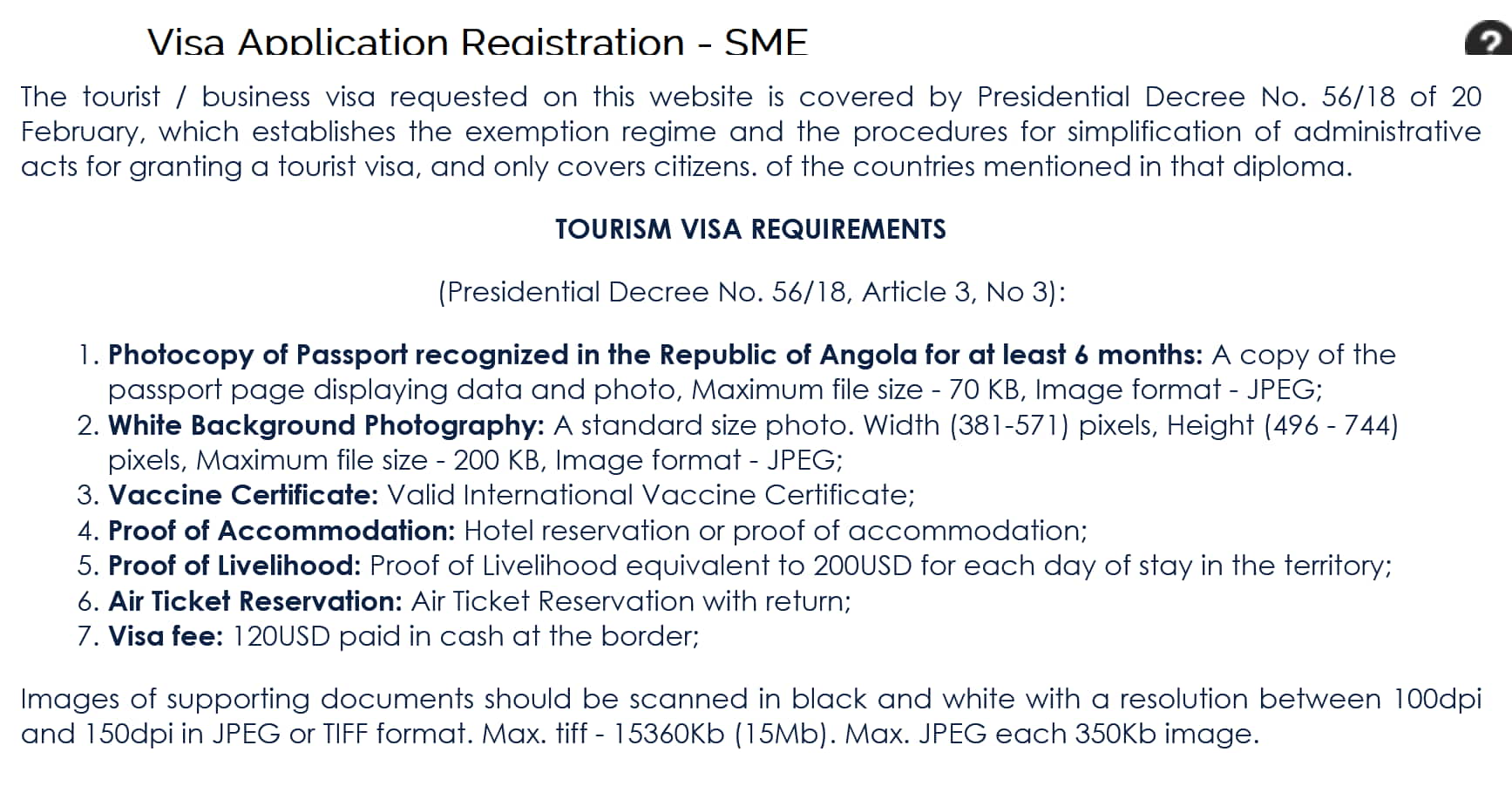 list of visa requirements for a tourist visa to Angola 