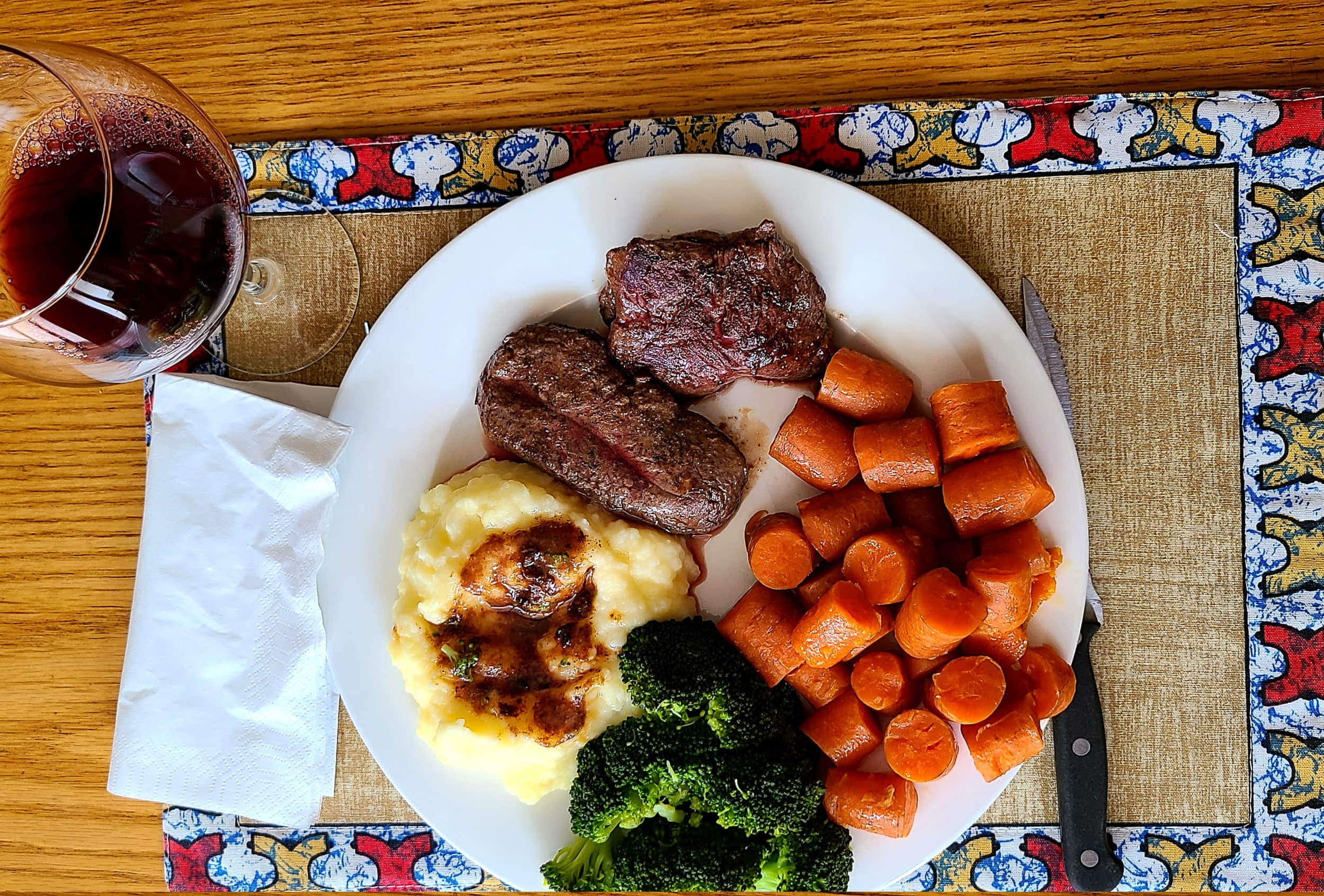 a plate with two steaks, broccoli and class of wine