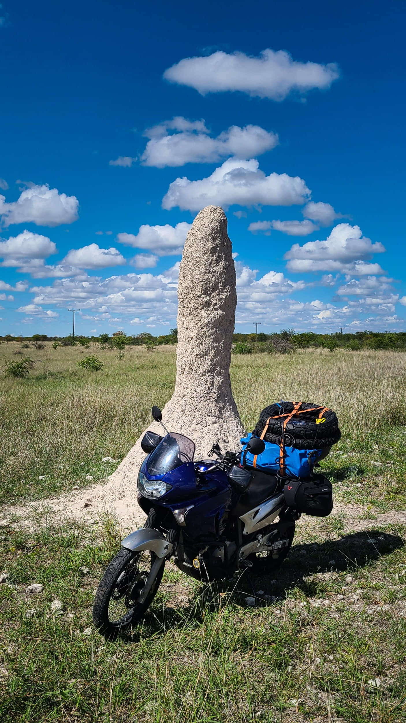motorcycle parked next to an ant hill