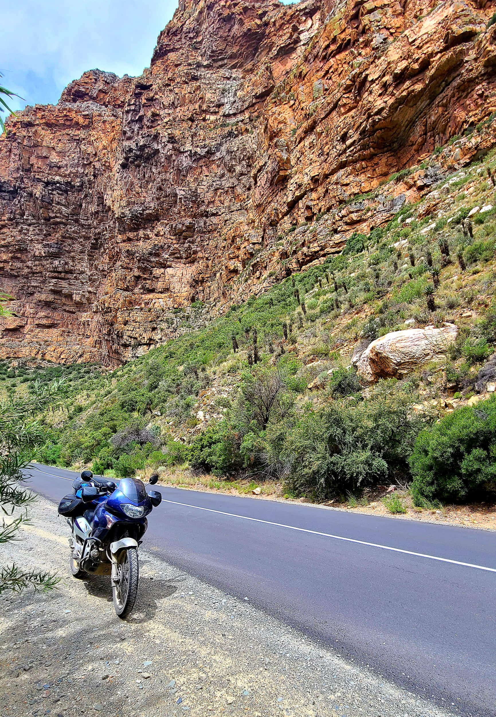motorcycle parked on a  road going through a deep canyon